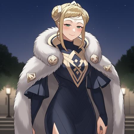 Henriette_FEH hair bun, green eyes, blonde hair, dress, fur cape, blue gloves, fur trim, armor