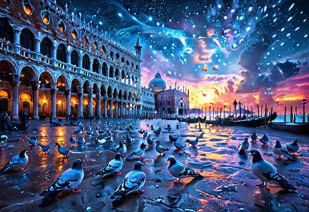 Many pigeons made of light particles are eating in Piazza San Marco in Venice. The composition is very real, stylized and highly graphic, a bright world. Flat colors, cel shading, Salvador Dali style, best quality, incredible quality, masterpiece, absurd, high resolution, colorful aurora, rainbow theme.