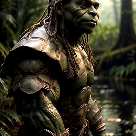 highly detailed  movie still of a (tortle:1.2) standing in a primitive jungle camp,

tortle, solo, looking at viewer, holding, weapon, holding weapon, armor, blurry, blurry background, colored skin, polearm, spear, realistic, green skin, chainmail,

realistic:1.1, depth of field, blurry, blurry background,

in a swamp,

photorealistic,
ultra photoreal,
32k, natural light,
sunbeams,







