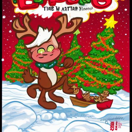 The face is hideous,Angry Reindeer Comic Style run on the snow, Merry Christmas titles,The reindeer caught fire, Art Baltazar,Master Works, American Comics, Clear Lines, Cartoon Art, Vivid Colors,8K,The logic is clear<lora:Art Baltazar:0.8>