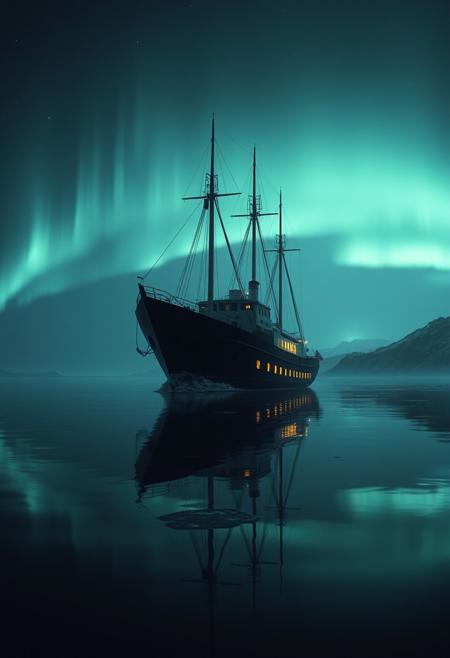 environment setting winter. highly detailed and hyper realistic photo, by Alena Aenami , by Archibald Thorburn , by Daniele Afferni , Ghostly ship sailing through auroras, in the style of  monochromatic silhouette reflection,  limited dark palette, unusual dark colors, faded colors, atmospheric haze, highly dramatic cinematic lighting, motion blur, film grain,  professional, excellent composition, finest details, maximized details, ultimate detail level, masterpiece, best quality