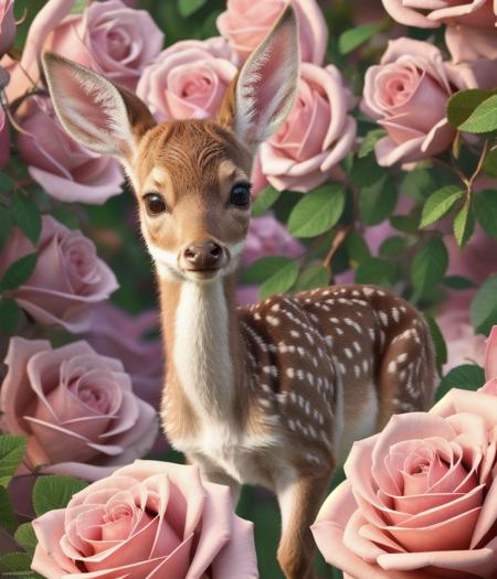 ultra-detailed CG art, adorable fawn surrounded by ethereal roses, pastels, glimmer bokeh, ethereal, best quality, highest resolution, intricate details, fantasy, cute animals