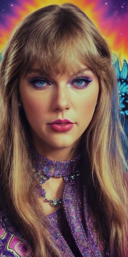 <lora:Taysway_V5-10:0.8> Taysway, adult beautiful woman, 80s movie poster themed, 80s poster style, psychedelic, mind blowing, trippy, acid colour scheme, high colour contrast, high detail