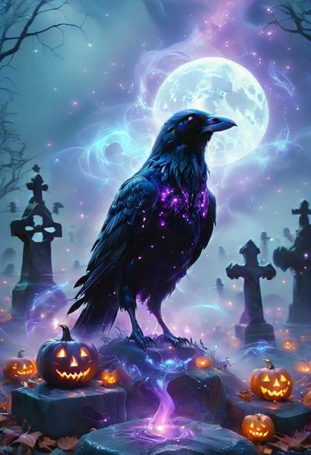 Mystic Lumina,large menacing crow, crow focused, Halloween, spooky, haunted, graveyard full of pumpkin, ethereal, dreamy, purple glow, blue mist, masterpiece (black:1.5), (gray:1.5).