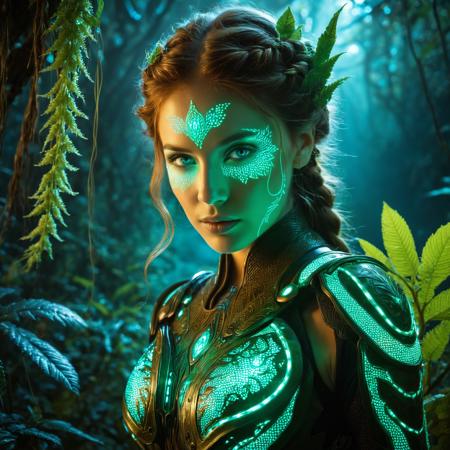 An ultra-extreme close-up shot of the powerful 'Verdant Vanguard', her face and upper chest filling the entire frame. No hands or lower body visible. Focus: her eyes are the absolute central element, intensely detailed and glowing. Depicted in a vibrant, hyper-detailed, contemporary comic art style. Her long, flowing, leaf-green hair is intricately braided with glowing bioluminescent vines, appearing alive. Her vigilant eyes scan the alien landscape. She stands tall amidst rapidly growing, thorny alien plants, which are blurred in the extreme background. Her arms are slightly visible, with tendrils of living plant matter coiling and growing around them, but the hands are out of the frame. She wears a striking bio-organic battlesuit with a gleaming breastplate in deep forest green and earthy brown, with natural, bark-like textures, and glowing patterns. Lighting: bright, natural, with internal luminescence radiating powerfully from her eyes and hair, vibrant, intense glows on all glowing elements, intricate organic lines, a protective stance, emphasizing her connection to life and nature, absolute masterpiece, photorealistic detail, 8K resolution, cinematic lighting, extremely shallow depth of field.
