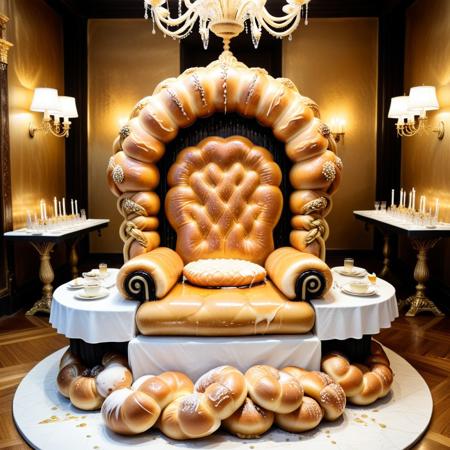 a throne room sculpted from oversized buns, throne armrests shaped like braided challah, floor made from compressed sweet bread crumbs, chandeliers dripping with honey glaze, scent of warm dough filling the golden-lit space, Buns