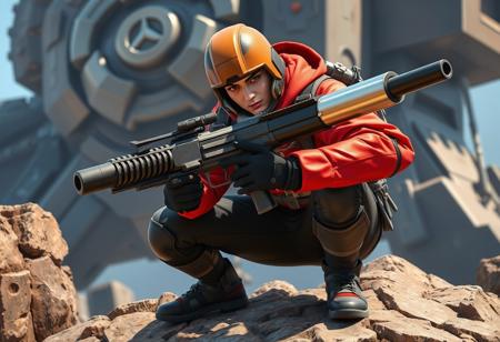 Cinematic Photorealism: A highly realistic cinematic photograph of a male cosplayer embodying an Overwatch character. He wears a vibrant red jacket and black pants. A detailed brown helmet covers his head. He is actively crouching on a rugged, rocky outcropping, holding a large, formidable black gun with a gleaming silver barrel, poised for immediate action. The background features a massive, imposing structure hinting at an iconic game location. The lighting is dramatic, casting sharp shadows and highlighting textures. His pose conveys alertness and readiness. The image captures the intensity and adventure of the game world. High-res, 4K, Exceptional Quality, More Detail, Lifelike Details, Super Detailed Face and Eyes and Clothes, Handcrafted with Precision, High Quality, Sharp Lines and Brush Strokes, Stunning Colors, Harmonious Colors, Multi Colored, Contemporary Aesthetics, Beautiful Matte Painting, Impeccable Composition, Creative Angle, Attractive Background, Balanced Editing, Intentional Focus, Well-timed Moment, Isometric, Dynamic Action Pose, Captivating Lighting, Grammer Effect Style, Splash Ink Illustration, Octane Render, Unreal Engine 5, Raphael Style, Houdini Style, Vivid Emotions, Joyful Impact, Powerful Message, Beautiful Detailed Eyes, CGSociety, Artstation Trending on ArtstationHQ, Golden Ratio.
