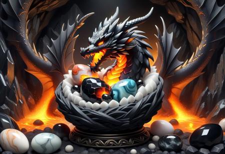 masterpiece, best quality, detailed illustration, (brighten the front:1.0), beautiful marble dragon eggs inside a nest made of black stand and obsidian crystals. volcanic background.