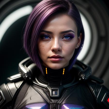 A cinematic up close photo of a young woman with vivid purple bionic eyes and sleek dark purple hair. Dressed in a techo outfit, she is deeply focused on a holographic interface. The epic character composition, combined with sharp focus and natural lighting, brings the captivating image to life. The subsurface scattering effect adds a touch of ethereal glow, while the f2 aperture and 35mm lens create a perfect balance of depth and detail.
<lora:CyberPunk4:0.4> cyberpunk, (freckles:0.8), (lips parted), realistic eyes, POV, realistic[:, (film grain, 25mm, f/1.2, dof, bokeh, beautiful symmetrical face, perfect sparkling eyes, well defined pupils, high contrast eyes, ultra detailed skin, skin pores, vellus hair, fabric stitching, fabric texture, finely detailed features:1):0.9]