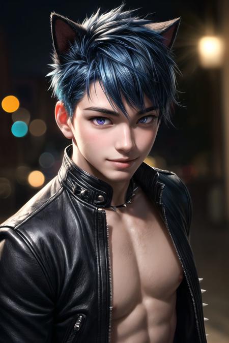 official art,unity 8k wallpaper,ultra detailed,beautiful and aesthetic,masterpiece,best quality,extremely detailed,
illustration, portrait, 1boy with cat ears, cute, young, asian, 
detailed purple crystal eyes,
blue hair,
(short spiked hair:1.1),
unzipping his jacket with his hands,teasing,undressing,
black leather victorian jacket,
(dark bokeh background:1),smile, blush, 
(blush:1.1), pectoral, nipples
medieval, fantasy, sexy, juicy lips, 
(realistic:1.3),(photorealistic:1.3),oc rendering,unreal engine, detailed  fine skin, close up, 
<lora:more_details:1>