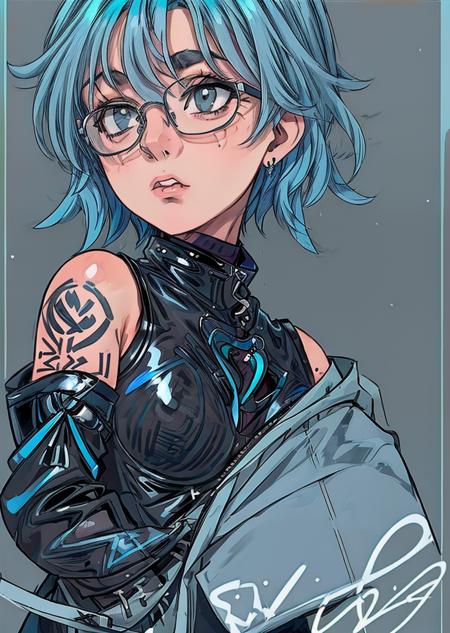 a pretty girl, blue hair, septum, glasses, black latex suit, tattoo <lora:lyracr0w0:0.8> <lora:more_details:0.9>, (natural skin texture, hyperrealism, soft light, muted colors), background