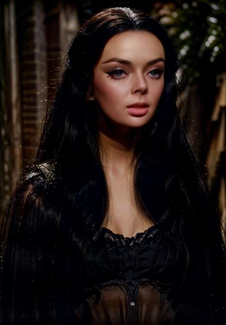 Masterpiece, best quality, BarbaraSteele a woman, long straight black hair, standing, close-up, outside, 18th century London, Foggy London Alley, stunning and elegant 18th century red dress, sharp focus, highly detailed, 4k uhd, cinematic lighting, <lora:BarbaraSteele-15:1>,