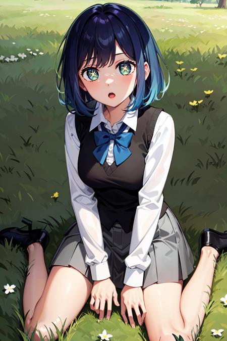 masterpiece, best quality, highres, 1girl, hmakane, blue hair, short hair, gradient hair, medium breasts, blue bowtie, collared shirt, black vest, long sleeves, pleated skirt, grey skirt, symbol-shaped pupils, <lora:kurokawa_akane_v1:0.8>, field, outdoors, grass, :o, wariza, hand between legs,