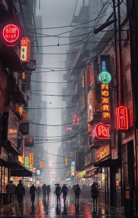 dense comerce street, neon light, masterpiece, ultra realistic, beautiful, rainy, cyberpunk distopia, latenight, disperse fog distance, isometric view perspective,1