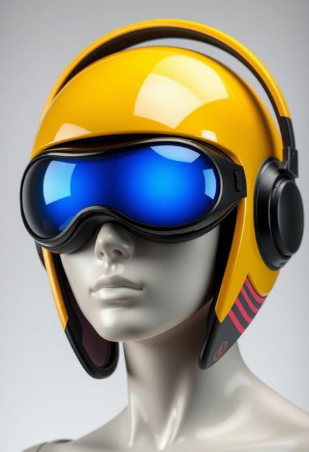 The figure's head is encased in a streamlined helmet, predominantly yellow with black accents. The helmet appears highly polished, with a smooth, almost glossy finish. Integrated into the helmet are large, circular, reflective lenses that cover the eyes entirely. The lenses glow with blue hue, giving off a cool, futuristic aura. These oversized goggles suggest an augmented reality or heads-up display function, typical of high-tech environments. Around the figure’s ears are sleek, futuristic headphones, which are seamlessly built into the helmet design. These headphones are primarily black with red, horizontal stripes along the side, indicating an interface for communication or audio enhancements. The skin tone appears smooth and artificial, hinting at synthetic or modified human characteristics