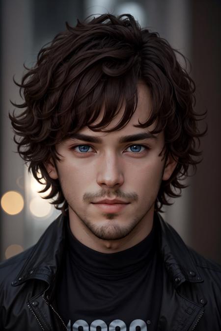 Xander Ellis,  solo,  looking at viewer,  short hair,  blue eyes,  brown hair,  shirt,  1boy,  closed mouth,  jacket,  male focus,  black shirt,  facial hair,  portrait,  realistic,  light stubble, <lora:EMS-45587-EMS:0.400000>