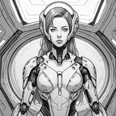 pixlineart, sketch, drawing, portrait of woman wearing sleek mecha bodysuit in spaceship