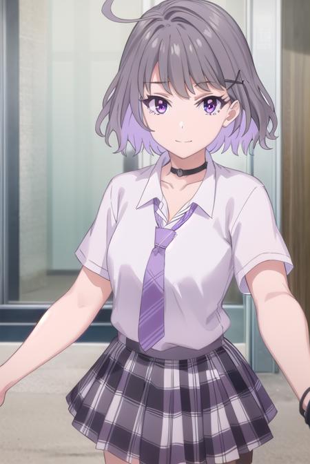 akaritanikita, <lora:akari tanikita s1-lora-nochekaiser:1>,
akari tanikita, short hair, bangs, (purple eyes:1.1), grey hair, multicolored hair, ahoge, smile,
BREAK skirt, shirt, school uniform, white shirt, short sleeves, pleated skirt, necktie, shoes, choker, socks, striped, collared shirt, black footwear, blue skirt, plaid, black choker, plaid skirt, black socks, sneakers, purple skirt, shirt tucked in, striped necktie, purple necktie,
BREAK indoors, classroom,
BREAK looking at viewer, (cowboy shot:1.5),
BREAK <lyco:GoodHands-beta2:1>, (masterpiece:1.2), best quality, high resolution, unity 8k wallpaper, (illustration:0.8), (beautiful detailed eyes:1.6), extremely detailed face, perfect lighting, extremely detailed CG, (perfect hands, perfect anatomy),