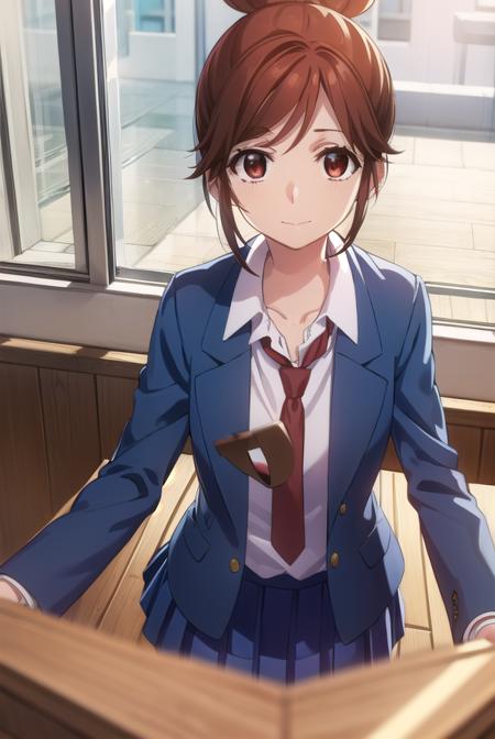 natsukienomoto, <lora:natsuki enomoto movie-lora-nochekaiser:1>,
natsuki enomoto, short hair, brown hair, (brown eyes:1.5), hair bun, single hair bun, (swept bangs:1.5), smile,
BREAK skirt, school uniform, jacket, pleated skirt, necktie, blazer, blue blazer, shirt, white shirt, collared shirt, red necktie, blue skirt,
BREAK indoors, classroom,
BREAK looking at viewer, (cowboy shot:1.5),
BREAK <lyco:GoodHands-beta2:1>, (masterpiece:1.2), best quality, high resolution, unity 8k wallpaper, (illustration:0.8), (beautiful detailed eyes:1.6), extremely detailed face, perfect lighting, extremely detailed CG, (perfect hands, perfect anatomy),