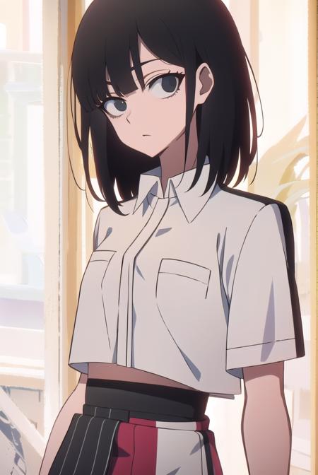 lingqiao, <lora:lingqiaotest:1>, 
ling qiao, bangs, black hair, medium hair, (black eyes:1.5),
BREAK skirt, shirt, white shirt, short sleeves, collared shirt, black footwear, red skirt, sandals, pocket, long skirt, shirt tucked in, breast pocket,
BREAK looking at viewer,
BREAK outdoors, city,
BREAK <lora:GoodHands-vanilla:1>, (masterpiece:1.2), best quality, high resolution, unity 8k wallpaper, (illustration:0.8), (beautiful detailed eyes:1.6), extremely detailed face, perfect lighting, extremely detailed CG, (perfect hands, perfect anatomy),