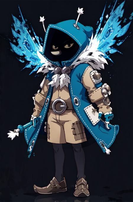 <lora:joris:0.8>, joris, 1boy, solo, faceless, (long nose:1.3), colored sclera, black eyes, hood, jorisoutfit, fur trim, full body, thin legs, simple background, dark background, electricity aura, power aura