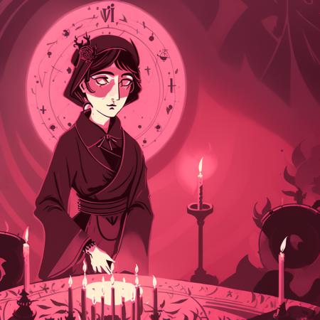 ((((Cultist_Simulator, SimpleCult)), masterpiece, best quality, detailed, absuredres)), 1girl, table, candles, candle fire, red_theme, night sky halo, shadows, rose, flowers, (robe, crown, woman), simple_art_style, monochrome, solo, no_pupils <lora:CultistSimulatorStyle2:1>