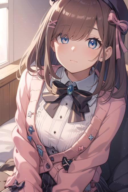 lulu suzuhara, blue eyes, brown hair, hair ornament, hair over one eye, hair ribbon, hat, beret, boots, bow, bowtie, brooch, buttons, cardigan, frills, jewelry, pantyhose, ribbon, skirt, striped, striped pantyhose, striped skirt, vertical stripes, vertical-striped pantyhose, virtual youtuber,  (pink cardigan:1.5),