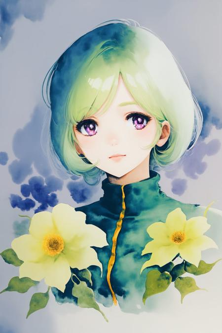 watercolor \(medium\), upper body, solo, 1girl, light green hair, purple eyes, bright, Saxicola \(flower\), floral background <lora:Mikimoto_haruhiko_style_v02:1>