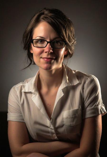 editorial photo, of a 32 year old female, professor, flirtatious, realistic lighting