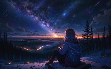 1girl sitting on a hill and looking up at a vibrant night sky of shooting stars, forest, moody, facing away, astrophotography, atmospheric moonlight, highres, distant city