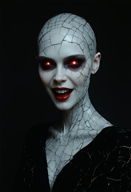 Vampire Queen, Hyper-detailed: open mouth, sharp vampiric fangs,
low-angle, pale face glowing, fangs iridescent. Materializing from fractured glass, blood-crimson void. glyphs pulse on her collarbone.
Beksiński's decay, Klimt's gilded chaos; dramatic chiaroscuro. inky gown threads fused with swirling steel. Eerie elegance