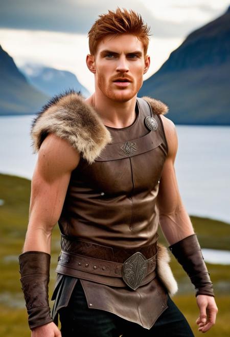 Ultra-detail, (highres:1.1), best quality, (masterpiece:1.3), Gwilym Lee a man <lora:ken-bek_Gwilym-Lee:1>, a Viking warrior prince wearing fur and leather armor rags rising above a battlefield, scales, handsome 23yo Norway male model, dynamic posture posing, full-body from above, dramatic angle. hairy body, skinny muscled, perfect biceps, great pecs, thin waist, perfect jawline, strong and powerful, sporty, great detail, satisfaction,