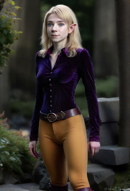 photo of pale (Age 19) female (halfling:1.75), flat chested, tiny nipples, rectangle body shape, shaggy blonde, middle part, blue eyes, (Dark purple)/(Dark Orange) masculine shirt/pants, homely, tiny, petite, thin, toned, lithe, full body, outdoors, D&D character, druid, HDR