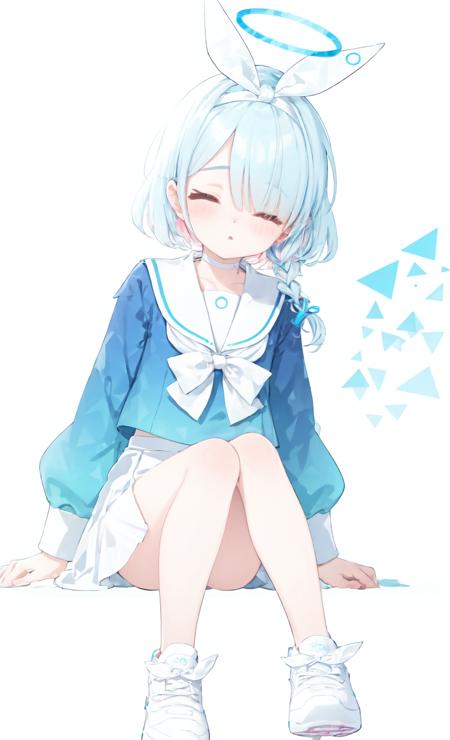 masterpiece, best quality, highres, arona,1girl, white footwear, halo, closed eyes, shoes, pleated skirt, solo, white background, sneakers, white hairband, full body, blush, parted lips,white skirt,hair over one eye,multicolored hair,blue hair,short hair,pink hair,school uniform,white bow hairband,white bow,white bowtie,white sailor collar,braid,blue serafuku,long sleeves
, <lora:aronaslora:0.8>