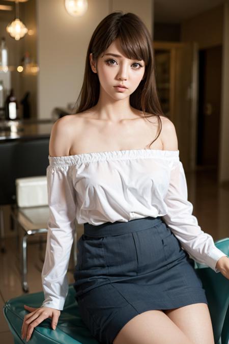 1girl, (looking at viewer),  (bokeh:1.1), parted lips,expressionless, realistic, sitting_on_chair, off shoulder,
skirt, skyline,
realistic, <lora:MizunaRei1:0.6>