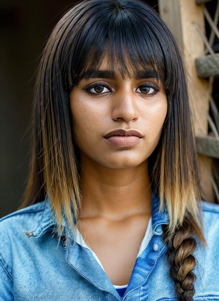 portrait of skswoman, jealous , wearing pants , with dirty blonde Side-swept bangs , background chicken coop epic (photo, studio lighting, hard light, sony a7, 50 mm, matte skin, pores, colors, hyperdetailed, hyperrealistic), <lyco:Priya Prakash Varrier:1.1>