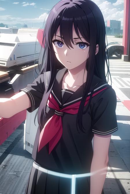 taroumaru seike, long hair, black hair, (black eyes:1.3), skirt, school uniform, short sleeves, pleated skirt, serafuku, black skirt, neckerchief,