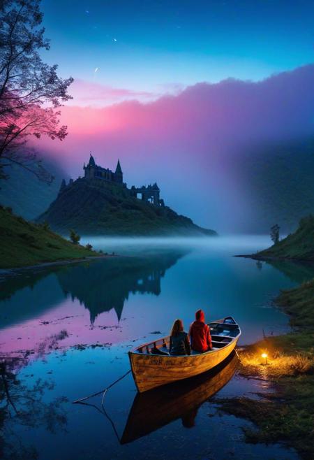 (Neon Light Trails Photography by Marion Ettlinger and Alyson Hunter:1.2), castle on top of hill with haunted atmosphere, star sky,( award winning, (aesthetic of abstract landscape with wailing atmosphere:0.1),dystopian style from the cave you can see a smooth lake, a girl and a dog are sitting in a boat, there is fog on the shore, a dark forest, mountains are illuminated by dawn in a haze . bleak, post-apocalyptic, somber, dramatic, highly detailed
 battle stancevibrant,  , highly detailed,byJocelyn Hobbie and Charles Dwyer, Triadic color guide,Leica Q2 with Summilux 28mm f/1.7 ASPH, ,clear face, Ultra High Resolution,