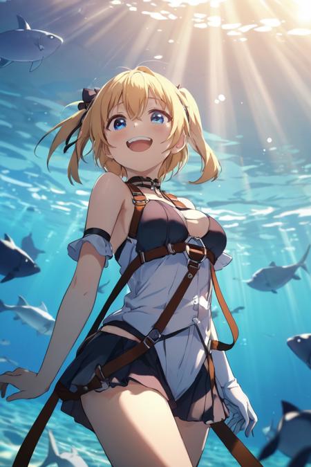 1girl,anime, Anime key visual of an elegant, Classical [Chun:Ane:3], chuckling, wearing costume, Harness, from inside a Shoal, Regret, Sunlight, Depth of field 100mm, 64K