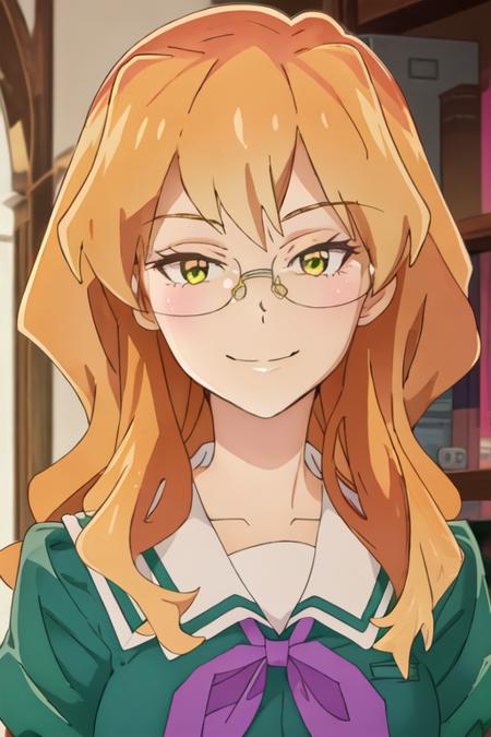 best quality, masterpiece, highres, solo, {chibana_sumika_watashinoyuriwaoshigotodesu:1.15}, long_hair, blonde_hair, glasses, green_eyes, smile, bow, school_uniform, 1girl, bowtie, purple_bow, shirt, collared_shirt, cardigan, purple_bowtie, closed_mouth, upper_body, long_sleeves, profile