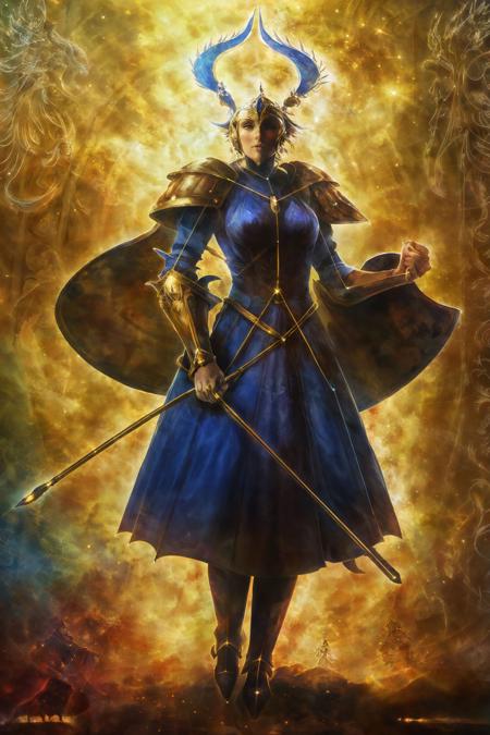 painting of a woman wearing a medieval armor, blue <lora:mtgconstellationgod-v1:0.85>