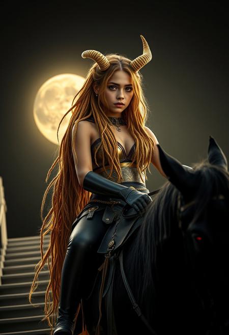 Latina girl, semi pointy ears, golden hair, gold eyes, golden eyes, golden curled horns pointing down, golden horns, dreadlocks, lots of hair, golden dreadlocks, full moon in background, moon shining light on girl, dark background, girl and horse on top of stairs far away from camera,
BREAK, 
Dramatic lighting, girl riding black horse, black horse with armor, horse has dark cloudy glowing red eyes, horse on back 2 legs girl on horses back, girl has gold eyes, 
BREAK,
huge natural tits, sparkling gold bra, girl has skimpy gold armor 
BREAK,
big natural boobs, beautiful face, massive tits, thin waist big ass, massive realistic boobs