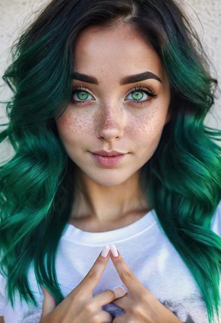 girl, long dark green ombre hair, emerald eyes, white t-shirt, medium breasts, hand heart gesture, freckles, nosering, watching at the viewer, upper body photo, hyperrealistic, 8k, highest quality, HDR+,