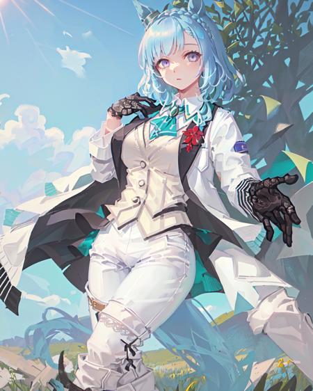 SFW, sunlight, (grassland), (spring), 
mejiro_ardan_NE, 1girl, (solo), horse_ear, horse_tail, (large breasts:1.2), (curvy:1.2), 
(short_light_blue_hair), purple_eyes, (black_lace_hair_ornament:1.2),big_green_jewelry_on_the_neck, green_tie, (red_flower_brooch), black_lace_gloves, (white_jacket:1.7), (white_long_pants), (white_vest:1.7), (white_lace_up_thigh_boots:1.2)