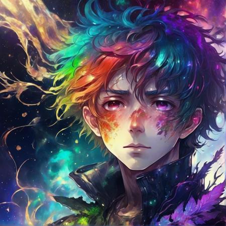 rainbow glowing hair, anime boy with moss And mold around him, detailed portrait, close up, space background behind him, dripping liquid metal leaf's around him, roses flourishing around him, close up of face