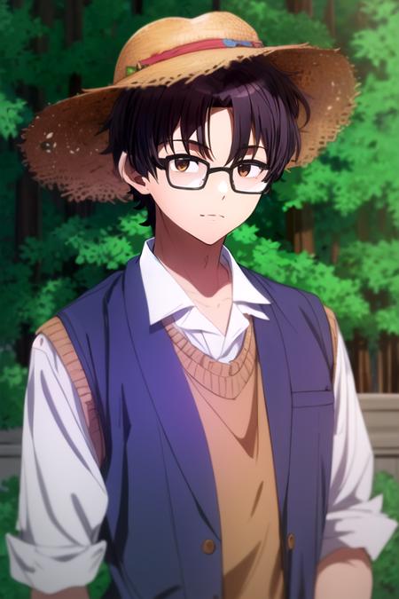 (best quality:1.1), (masterpiece:1.4), sketch, , upper body, depth of field, anime coloring, (semi-realistic:1.4), 1boy, solo, male focus, <lora:akito_sendou:0.94>, akito_sendou, black hair, brown eyes, short hair, bangs, glasses, suit vest, straw hat, The Shrine of the Lost, HD