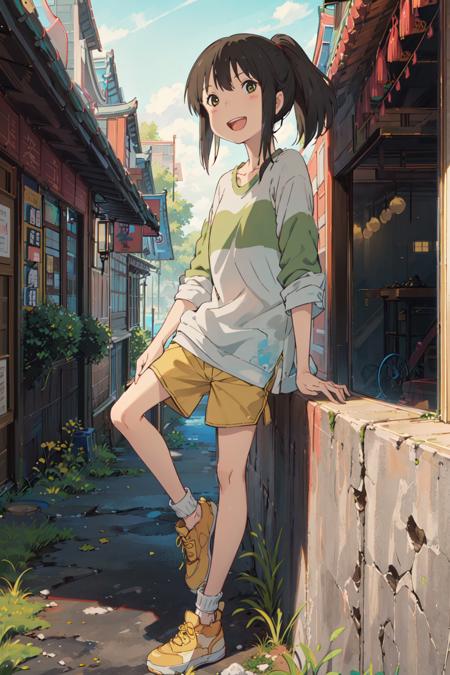 (masterpiece:1.4), (best qualit:1.4), (high resolution:1.4), ogino chihiro, ponytail, long arm shirt, shorts, yellow shoes, outdoors, east asian architecture, smile, ;D ,colorful, high contrast <lora:chihiroOgino_v11:1>