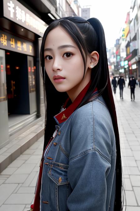 portrait photo of minji-nj-4400 beautiful woman ((walking down the street)) (masterpiece) (best quality) (detailed) (8k) (HDR) (wallpaper) (cinematic lighting) (sharp focus) (intricate)