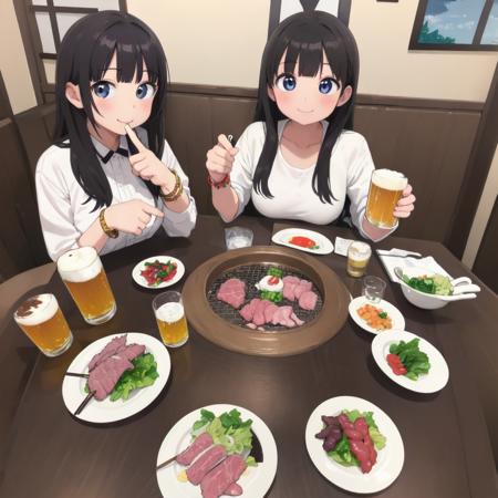 masterpiece, best quality, ultra-detailed, illustration,
smokeless_roaster, grill, yakiniku, japan, food, cup, multiple girls, 2girls, jewelry, meat, salad, holding, bracelet, black hair, holding cup, eating, plate, alcohol, bowl, restaurant, drinking glass, shirt, indoors, chopsticks, mug, beer, smile, looking at viewer, rice, table, long hair, blurry, beer mug, sitting
 <lora:smokelessroaster_V21:1>