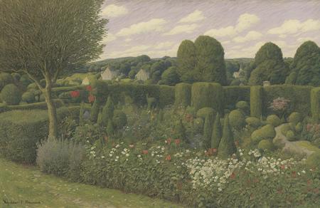 style of Henry Moret, garden ,hedgerow,plot ,arboretum , Moraine ,